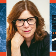 Image - the speaker, her book cover, and ocean water
